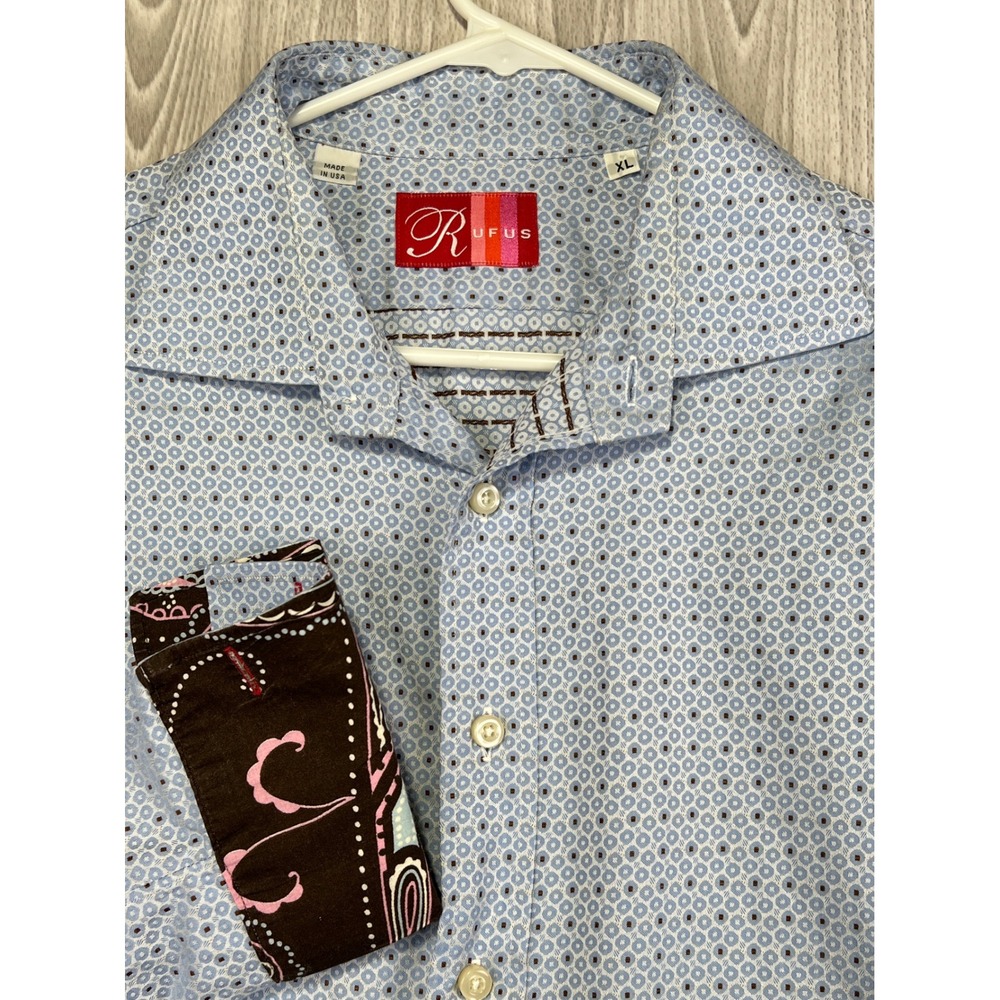 Rufus Mens XL Blue Geometric Button Down Shirt Made in‎ USA Paisley French Cuffs
